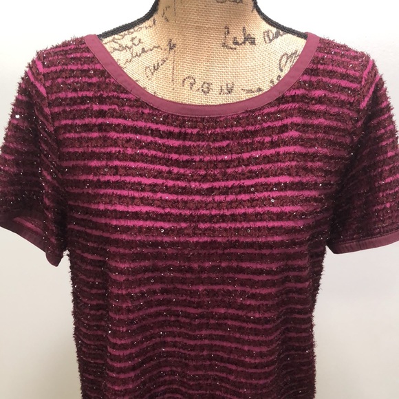 {Loft} Burgundy Fuzzy Sequin Striped Top - Picture 3 of 10